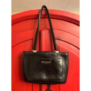 Vintge Brighton Black THICK Leather Purse Silver Hardware Vine Embellishment EUC